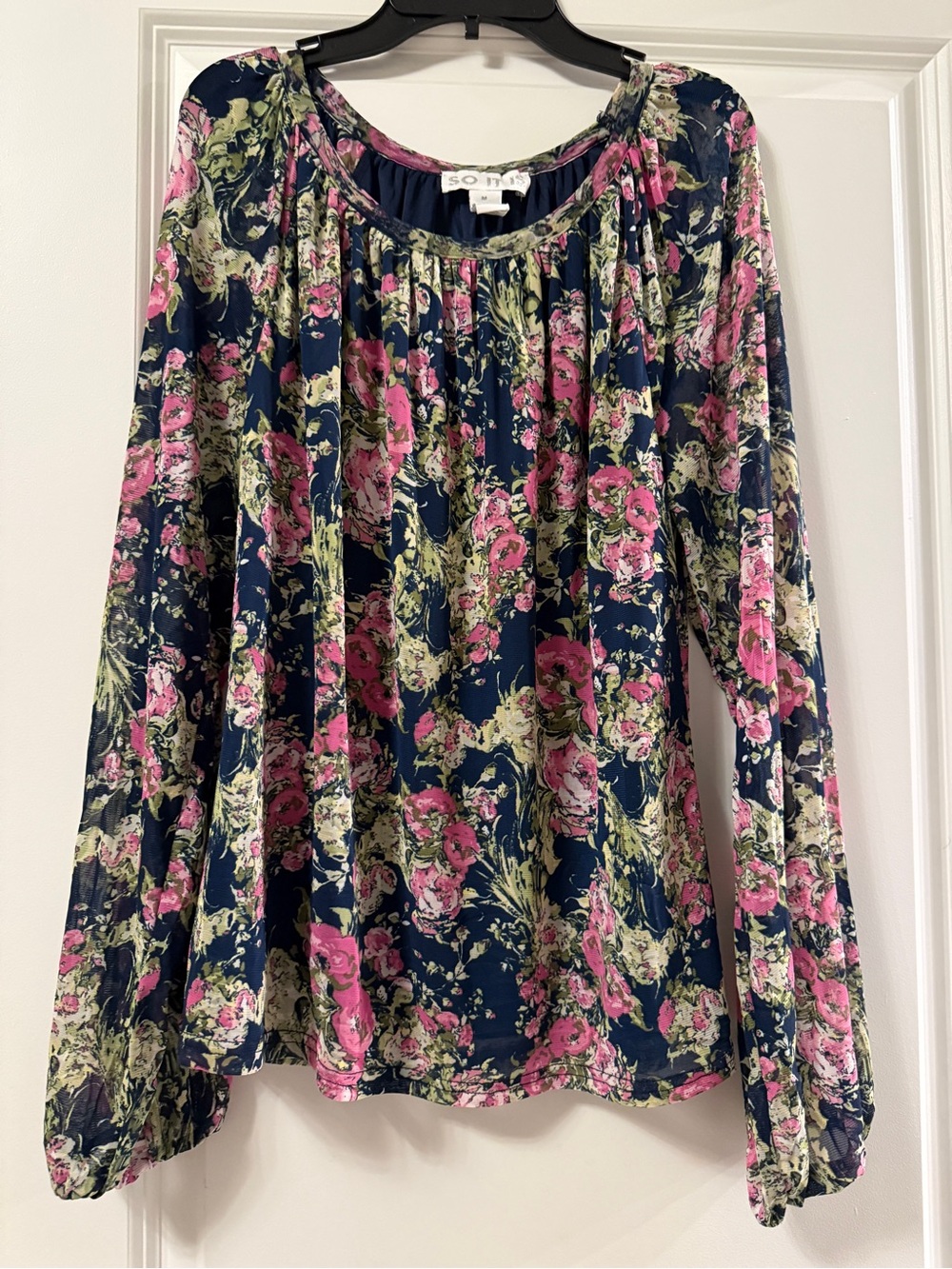 SO Navy Floral Long-Sleeve Peasant Blouse with Pink & Sage Flowers